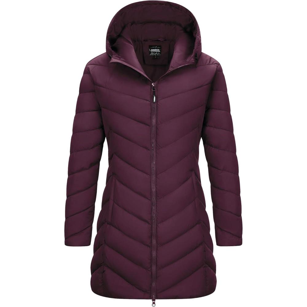 Outdoor Ventures Women’s Long Hooded Lightweight Puffer Coat Quilted Insulated Winter Jacket(Wine)
