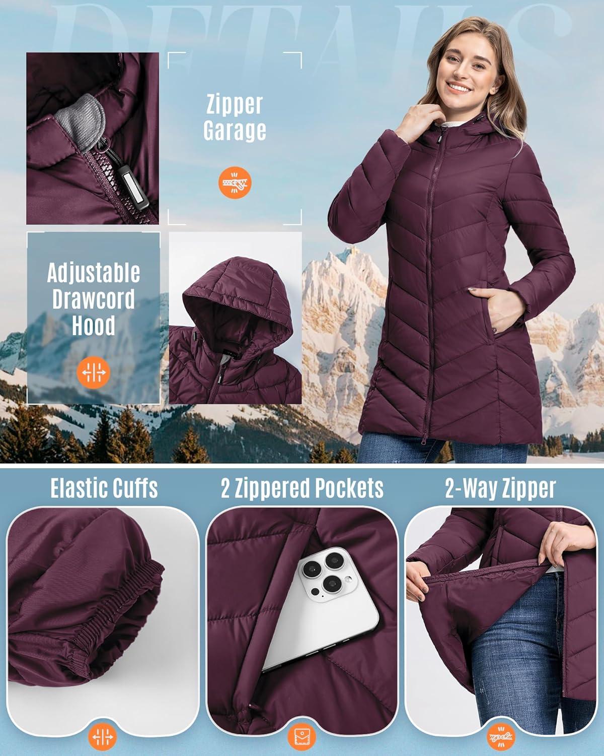 Outdoor Ventures Women’s Long Hooded Lightweight Puffer Coat Quilted Insulated Winter Jacket(Wine)