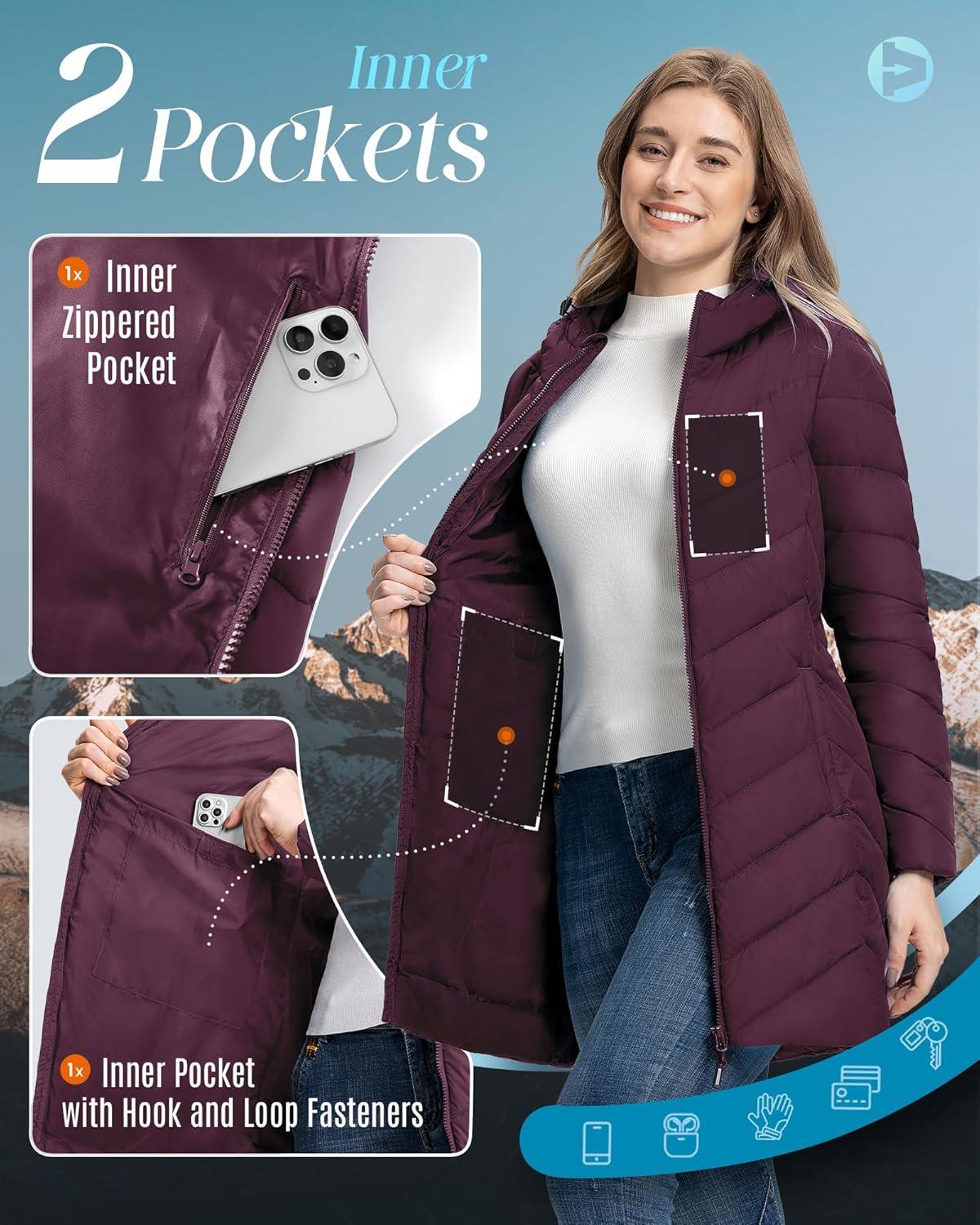 Outdoor Ventures Women’s Long Hooded Lightweight Puffer Coat Quilted Insulated Winter Jacket(Wine)