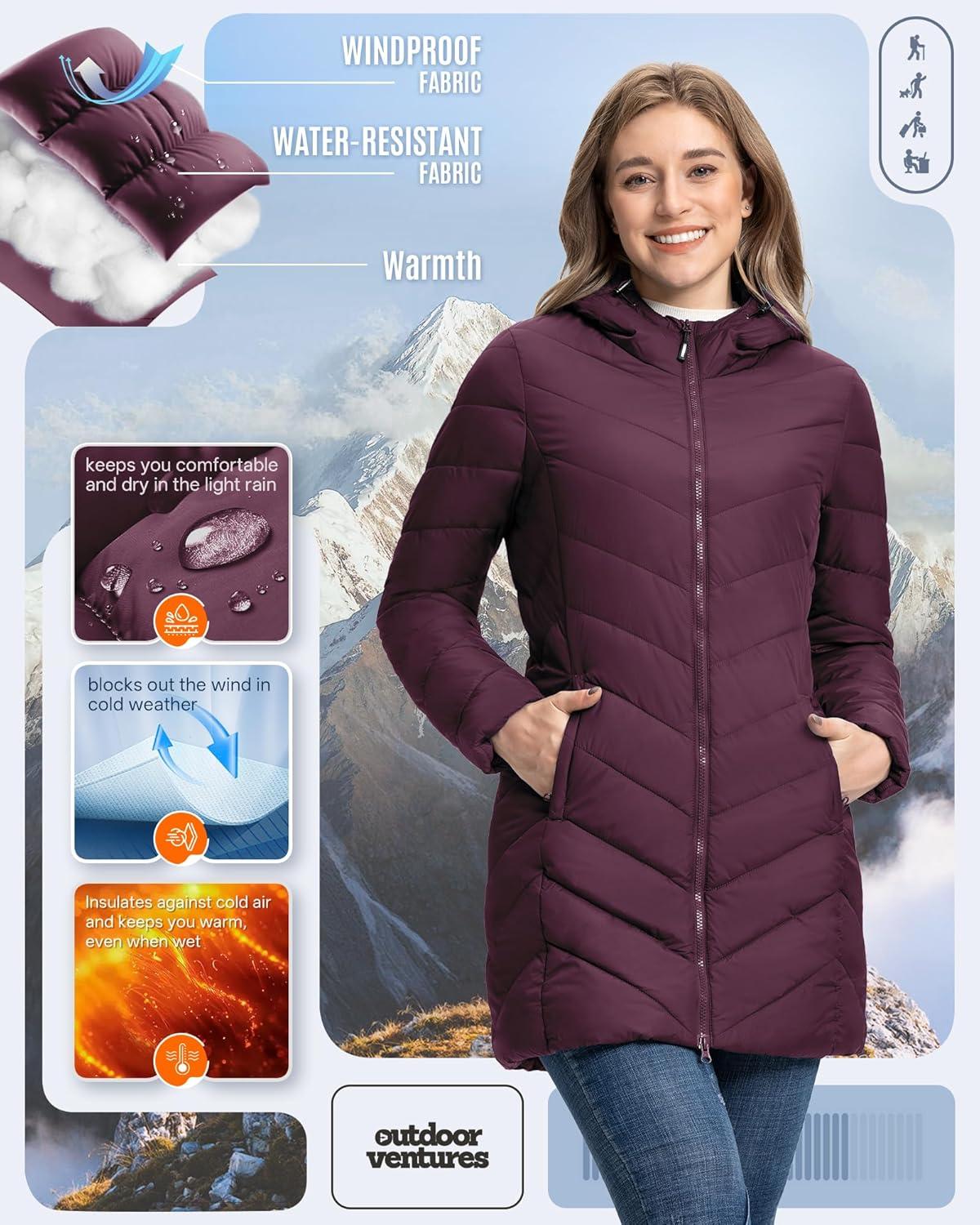 Outdoor Ventures Women’s Long Hooded Lightweight Puffer Coat Quilted Insulated Winter Jacket(Wine)
