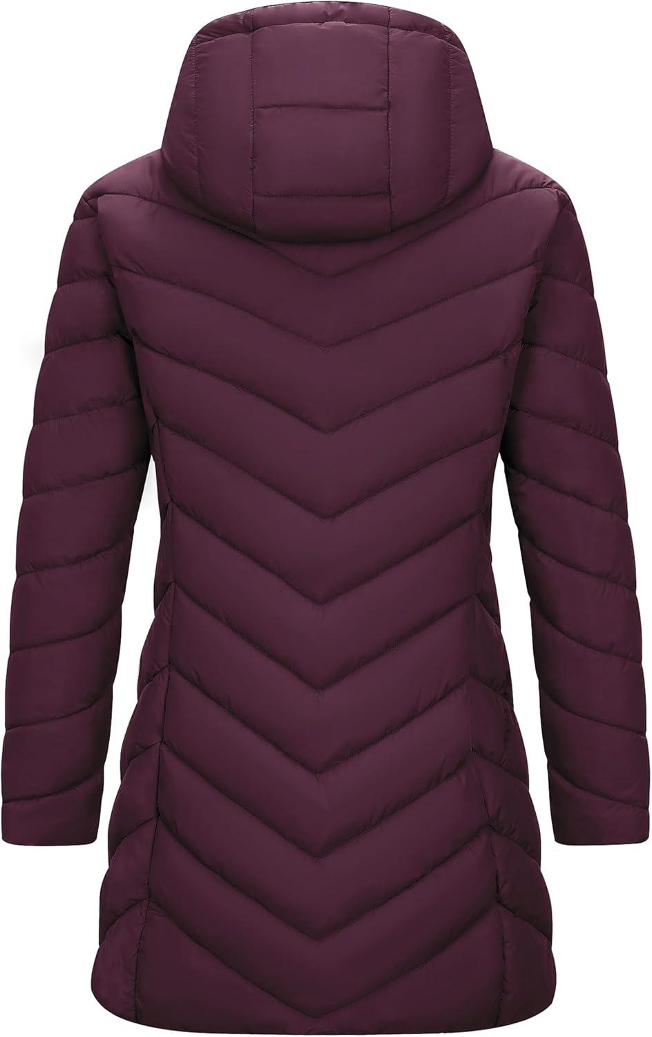 Outdoor Ventures Women’s Long Hooded Lightweight Puffer Coat Quilted Insulated Winter Jacket(Wine)