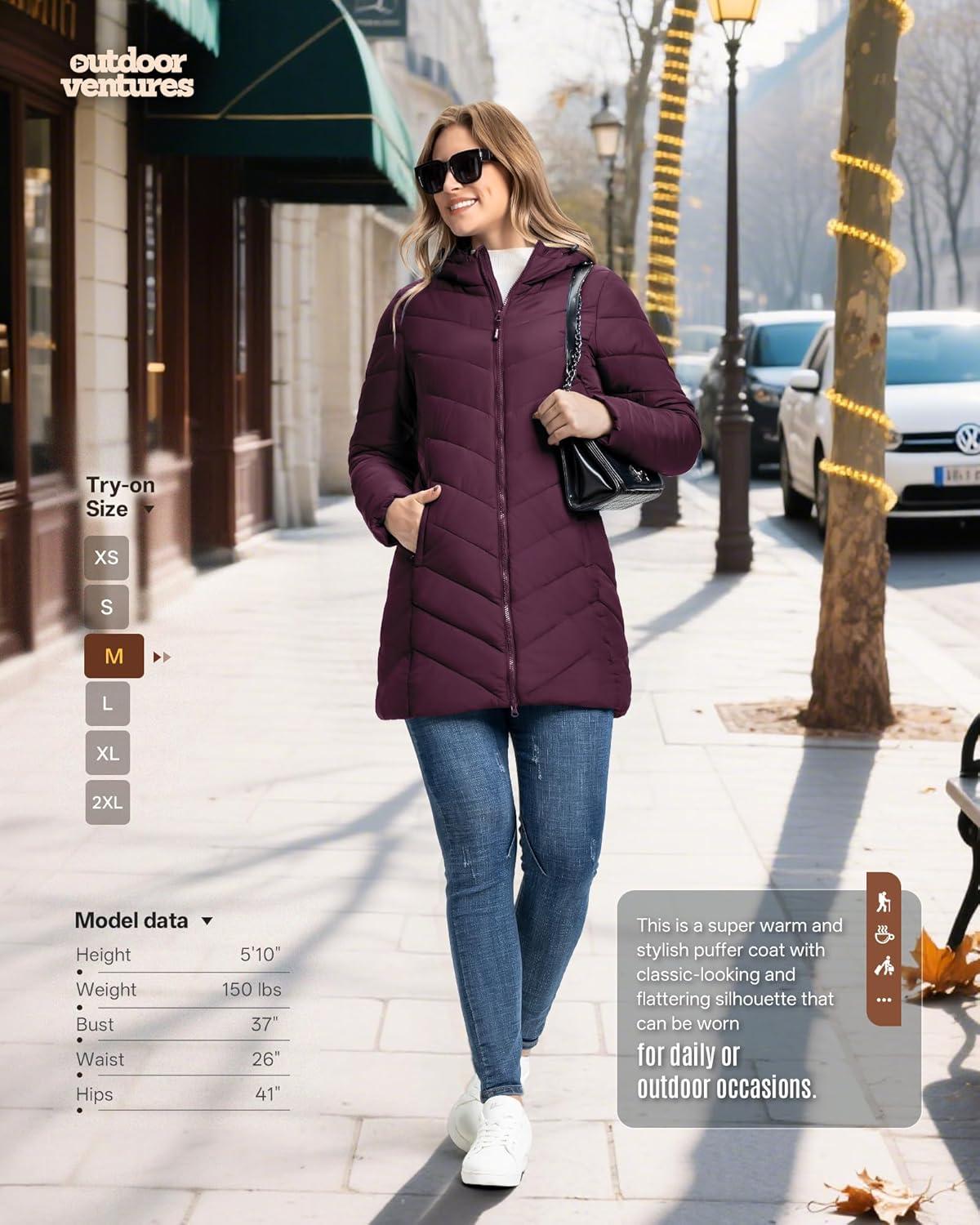 Outdoor Ventures Women’s Long Hooded Lightweight Puffer Coat Quilted Insulated Winter Jacket(Wine)