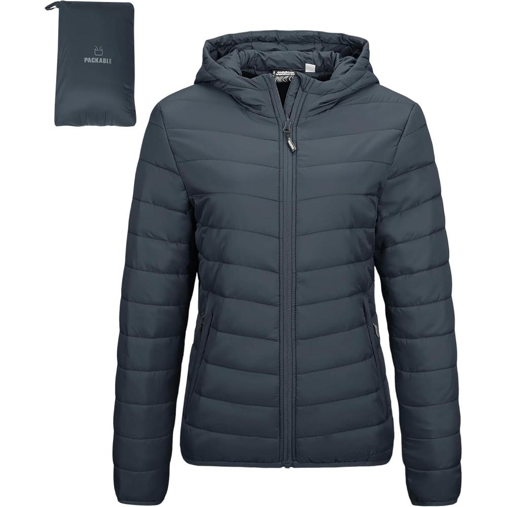 Outdoor Ventures Women’s Packable Lightweight Full-Zip Puffer Jacket with Hood Quilted Winter Coat(Dark Grey(fold in Pocket))
