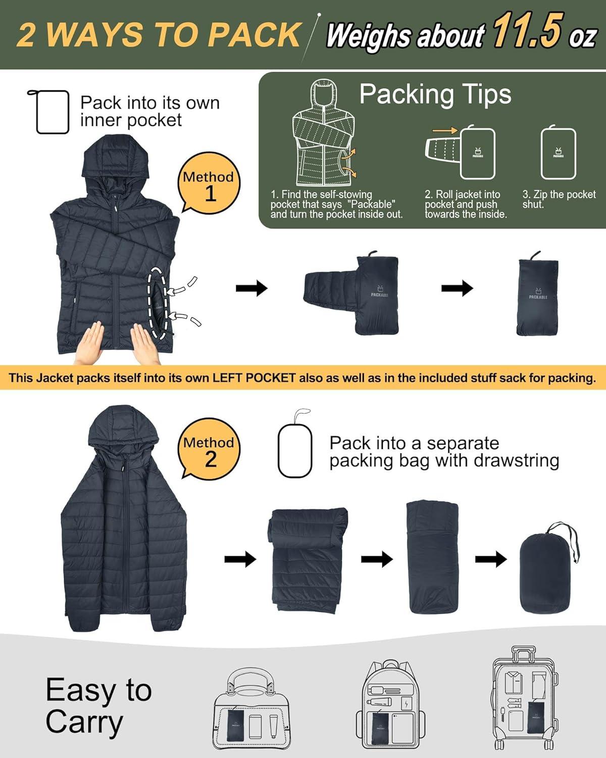 Outdoor Ventures Women’s Packable Lightweight Full-Zip Puffer Jacket with Hood Quilted Winter Coat(Dark Grey(fold in Pocket))