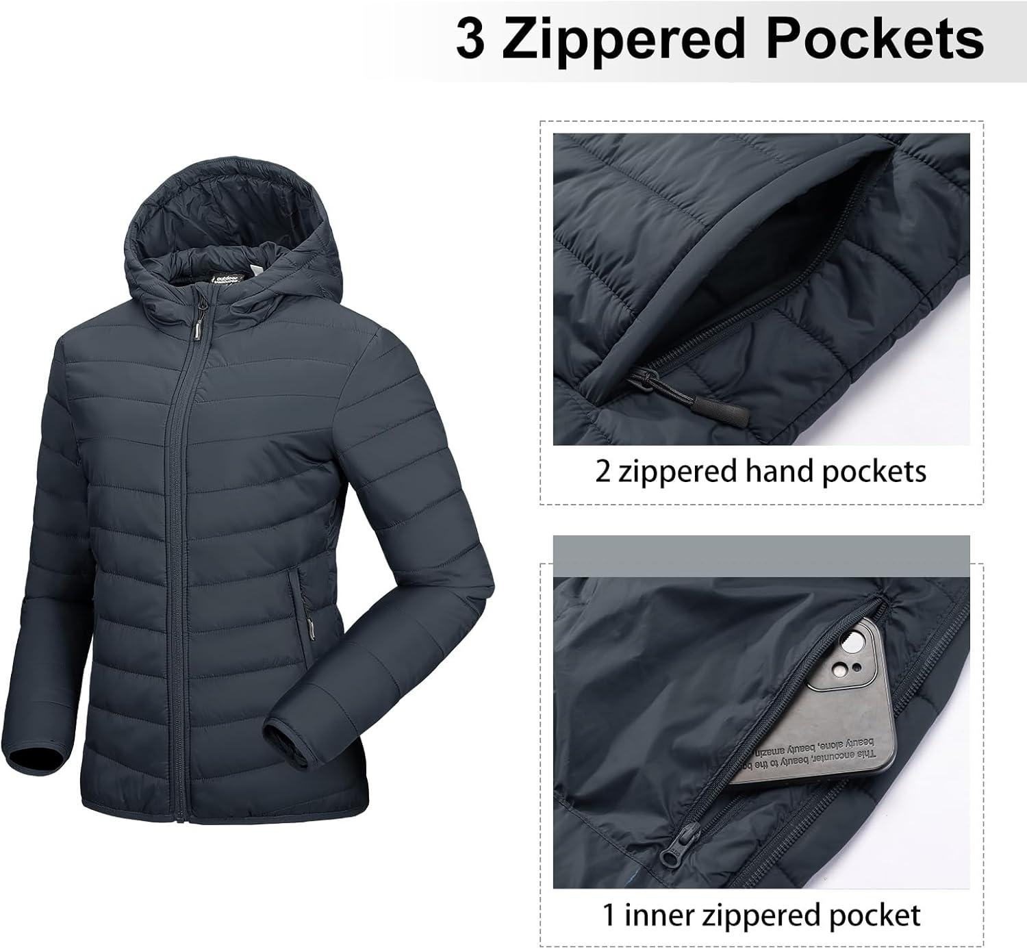 Outdoor Ventures Women’s Packable Lightweight Full-Zip Puffer Jacket with Hood Quilted Winter Coat(Dark Grey(fold in Pocket))