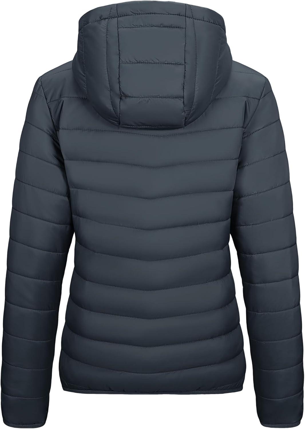Outdoor Ventures Women’s Packable Lightweight Full-Zip Puffer Jacket with Hood Quilted Winter Coat(Dark Grey(fold in Pocket))