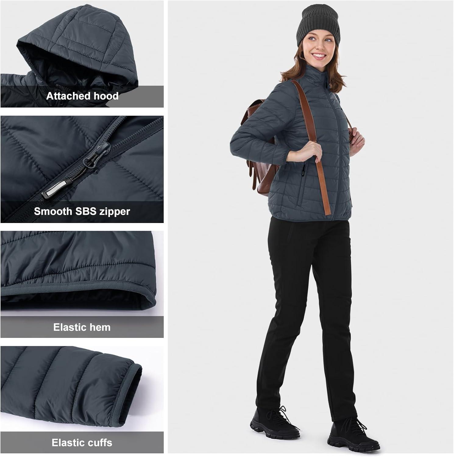 Outdoor Ventures Women’s Packable Lightweight Full-Zip Puffer Jacket with Hood Quilted Winter Coat(Dark Grey(fold in Pocket))