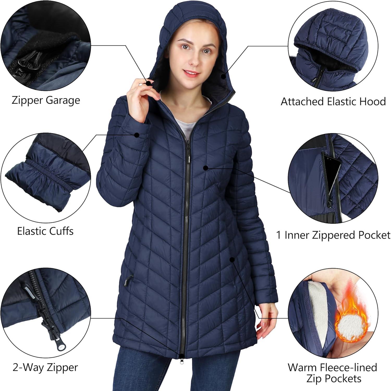 Outdoor Ventures Women’s Maryan Hooded Ultra Lightweight Warm Thermolite Long Puffer Coat(Navy(matte)-avg.32″ Mid Length)