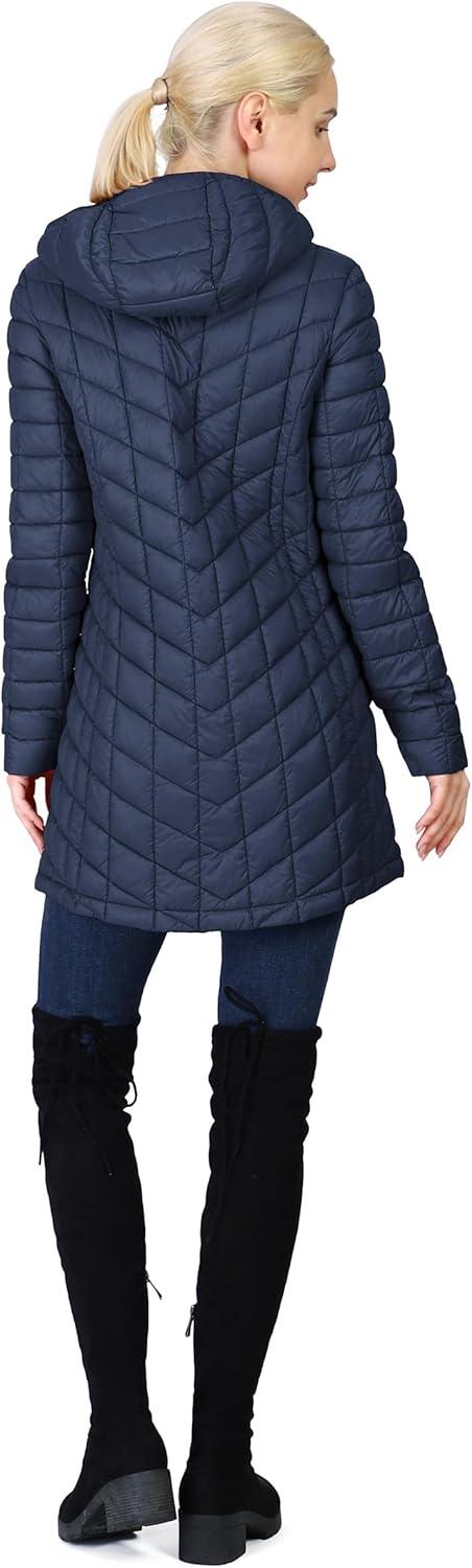 Outdoor Ventures Women’s Maryan Hooded Ultra Lightweight Warm Thermolite Long Puffer Coat(Navy(matte)-avg.32″ Mid Length)