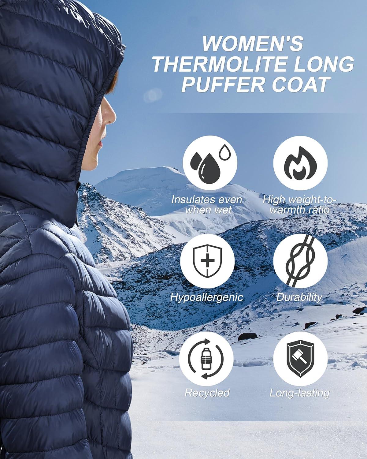 Outdoor Ventures Women’s Maryan Hooded Ultra Lightweight Warm Thermolite Long Puffer Coat(Navy(matte)-avg.32″ Mid Length)