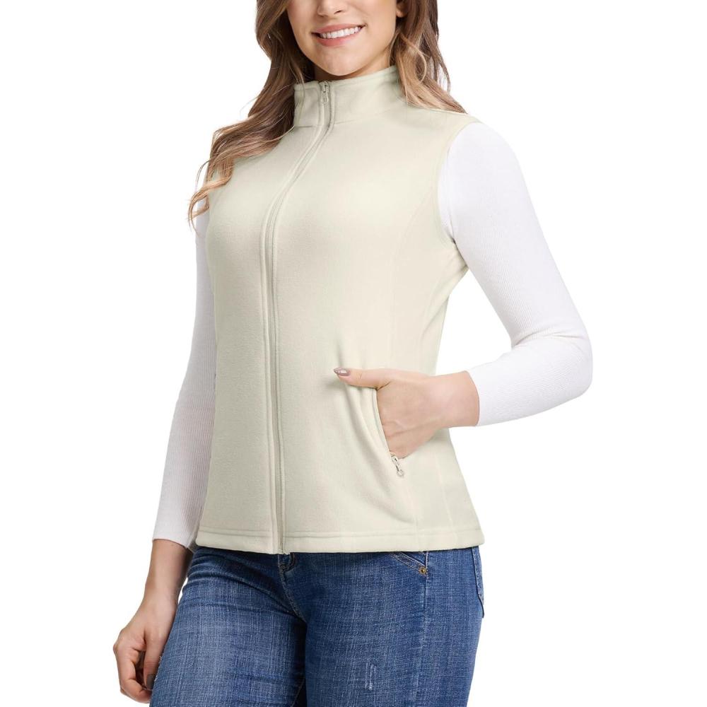 Outdoor Ventures Women’s Fleece Vest, Zip Up Lightweight Soft Running Vest Outerwear Sleeveless with Pockets(Moonlight)