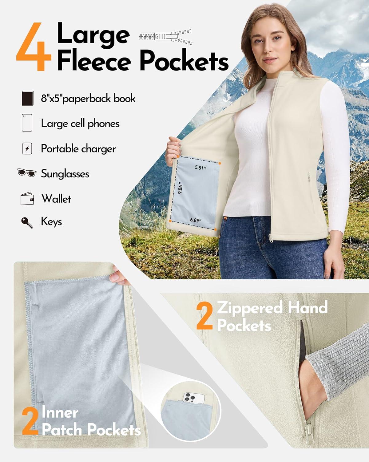 Outdoor Ventures Women’s Fleece Vest, Zip Up Lightweight Soft Running Vest Outerwear Sleeveless with Pockets(Moonlight)