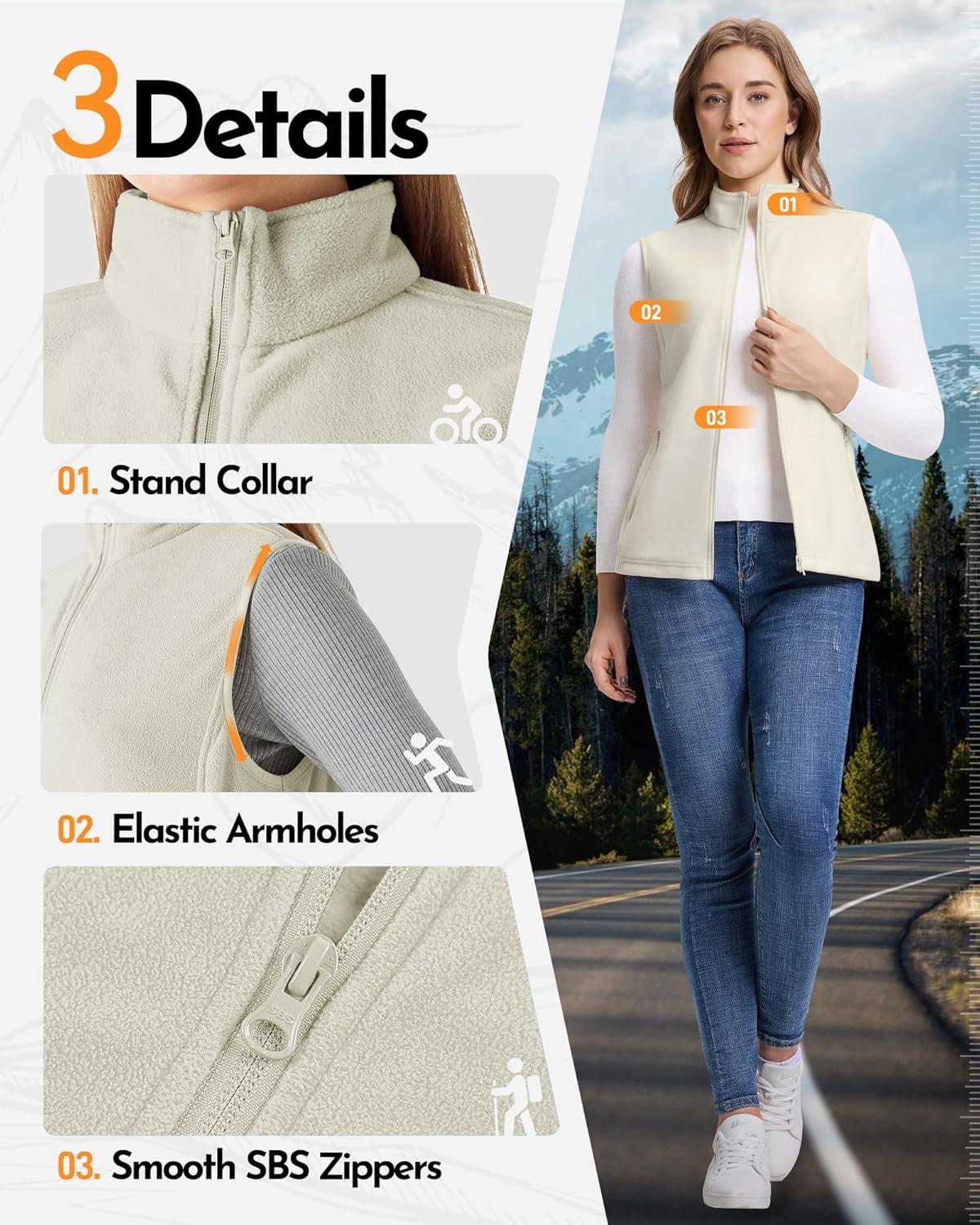 Outdoor Ventures Women’s Fleece Vest, Zip Up Lightweight Soft Running Vest Outerwear Sleeveless with Pockets(Moonlight)