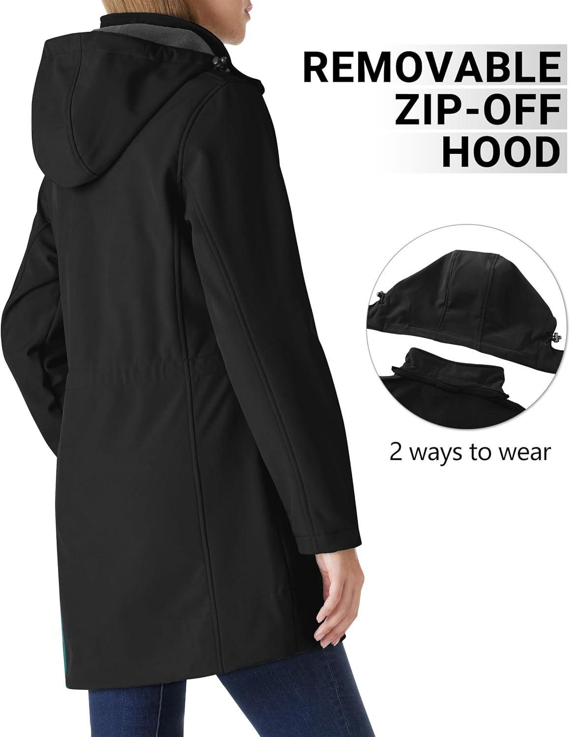 Outdoor Ventures Women’s Softshell Jacket with Removable Hood Fleece Lined Windbreaker Insulated Long Warm Rain Jacket(Black)