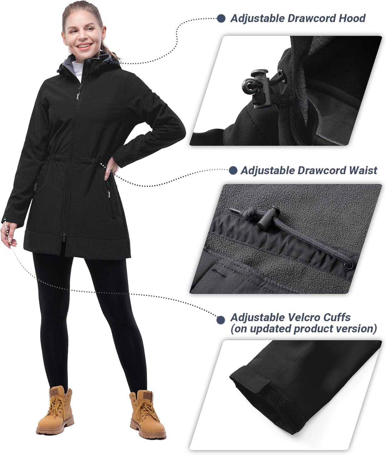 Outdoor Ventures Women’s Softshell Jacket with Removable Hood Fleece Lined Windbreaker Insulated Long Warm Rain Jacket(Black)