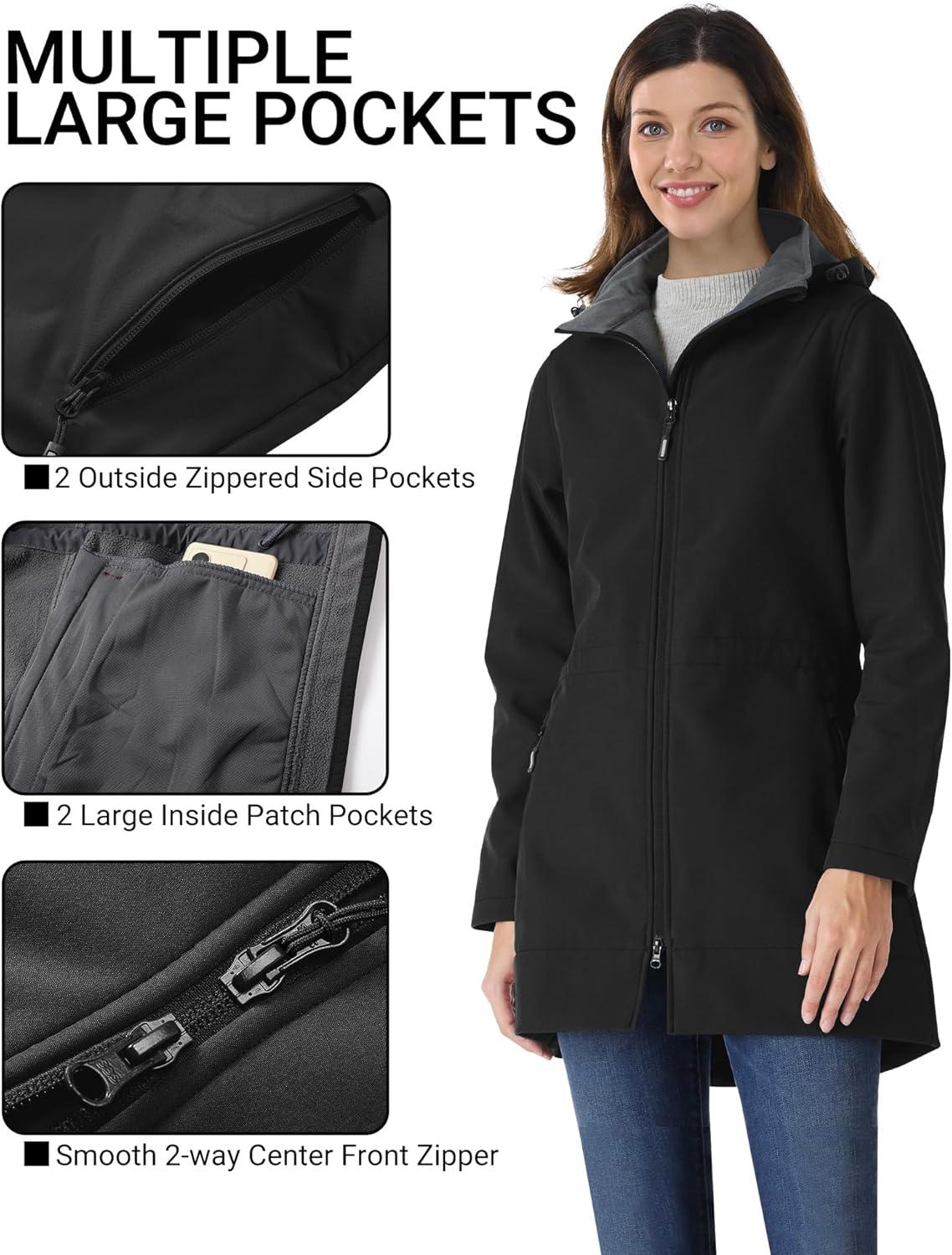 Outdoor Ventures Women’s Softshell Jacket with Removable Hood Fleece Lined Windbreaker Insulated Long Warm Rain Jacket(Black)
