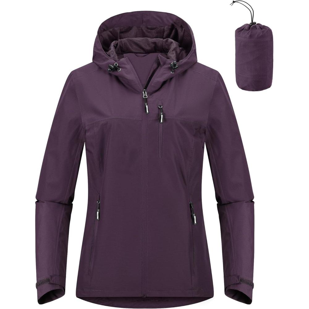 Outdoor Ventures Packable Rain Jacket Women Lightweight Waterproof Raincoat with Hood Cycling Bike Jacket(Plum Purple)