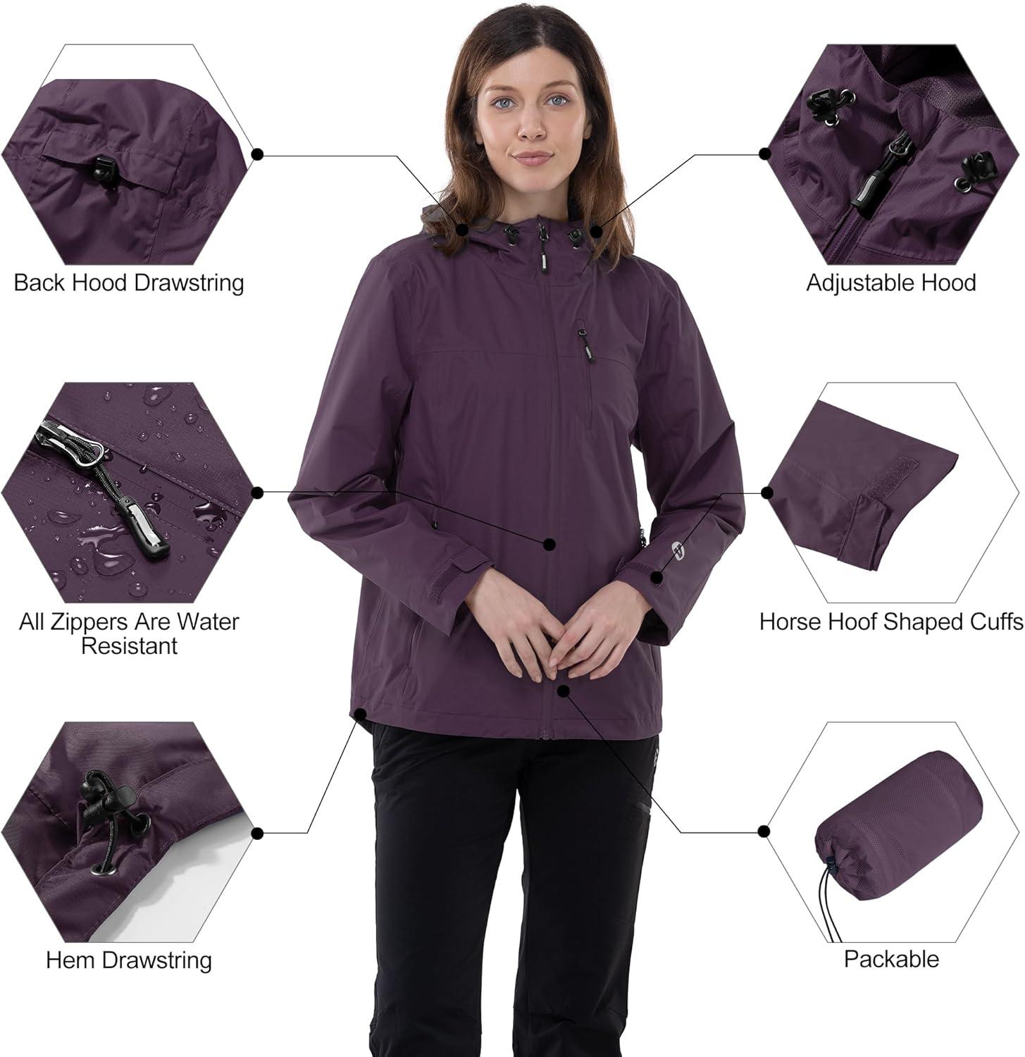 Outdoor Ventures Packable Rain Jacket Women Lightweight Waterproof Raincoat with Hood Cycling Bike Jacket(Plum Purple)