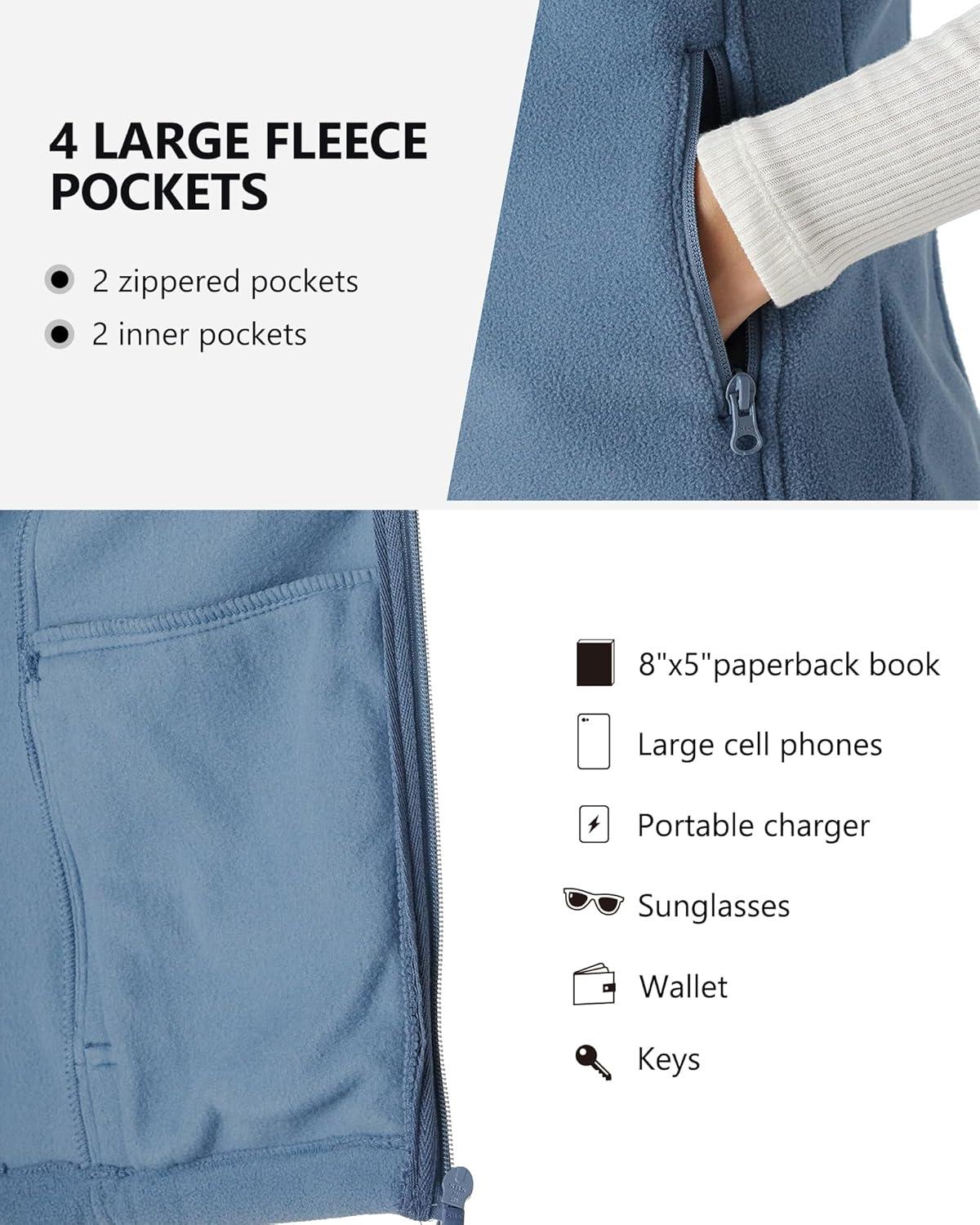 Outdoor Ventures Women’s Polar Fleece Zip Vest Outerwear with Pockets,Warm Sleeveless Coat Vest for Fall & Winter(Grayish Blue)