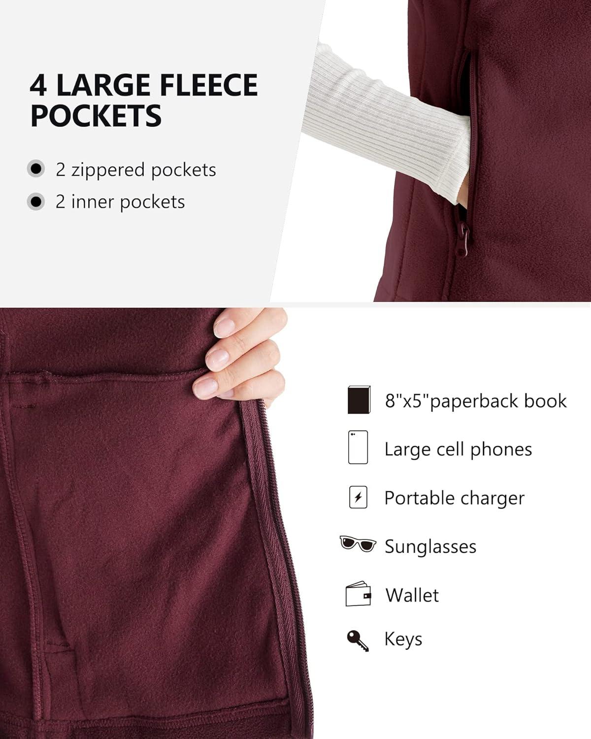 Outdoor Ventures Women’s Polar Fleece Zip Vest Outerwear with Pockets,Warm Sleeveless Coat Vest for Fall & Winter(Burgundy)