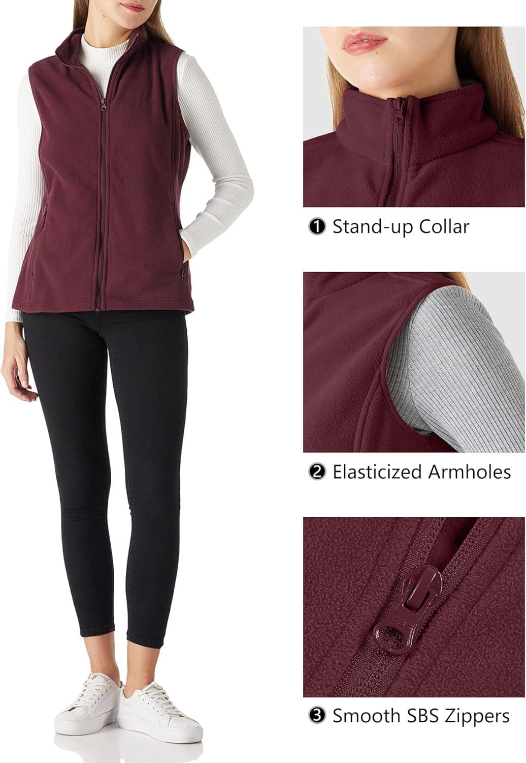 Outdoor Ventures Women’s Polar Fleece Zip Vest Outerwear with Pockets,Warm Sleeveless Coat Vest for Fall & Winter(Burgundy)