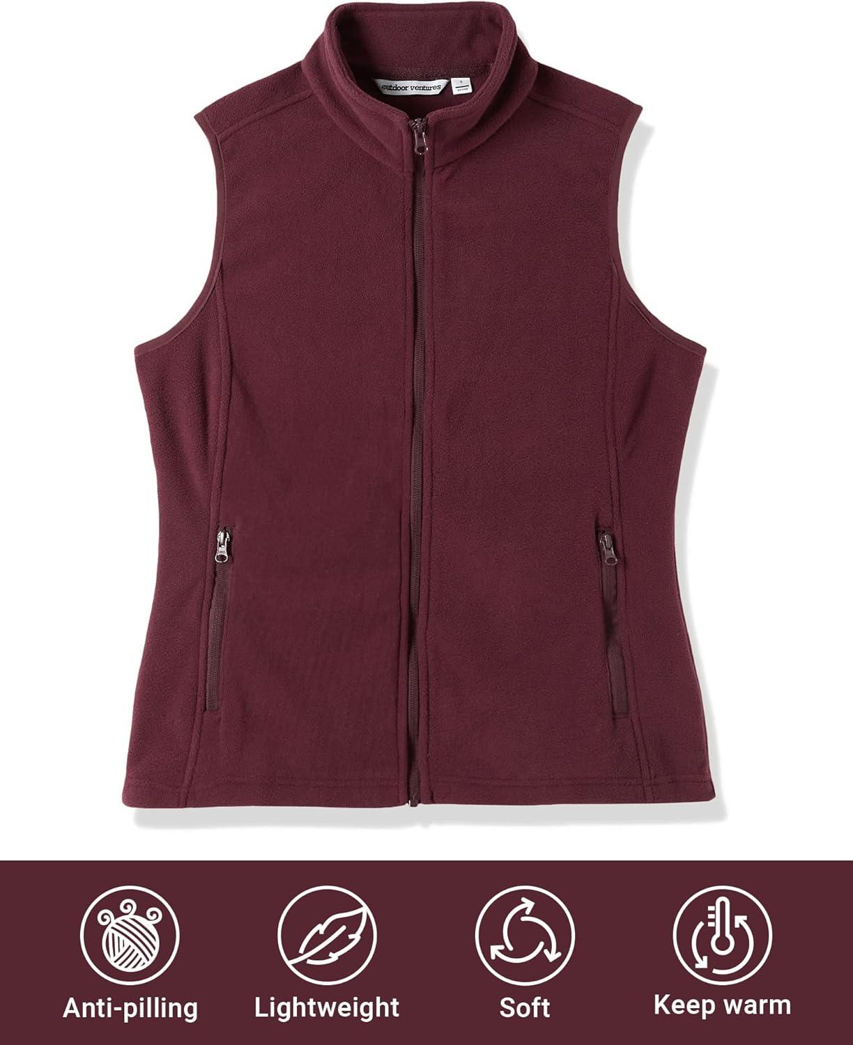 Outdoor Ventures Women’s Polar Fleece Zip Vest Outerwear with Pockets,Warm Sleeveless Coat Vest for Fall & Winter(Burgundy)