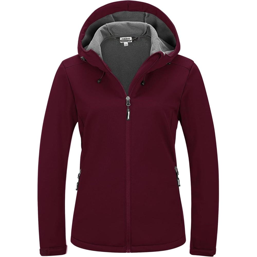 Outdoor Ventures Women’s Softshell Jacket Waterproof Warm Fleece Lined Lightweight Windproof Hooded Insulated Windbreaker(Wine Red)