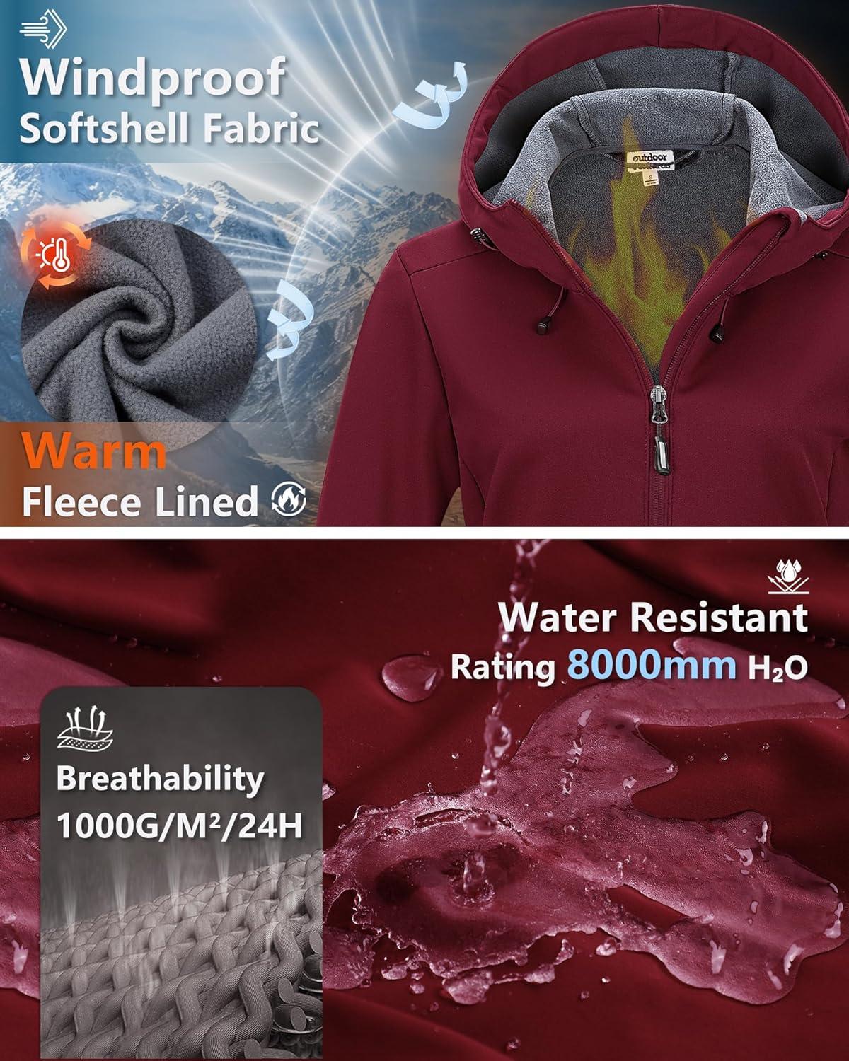 Outdoor Ventures Women’s Softshell Jacket Waterproof Warm Fleece Lined Lightweight Windproof Hooded Insulated Windbreaker(Wine Red)