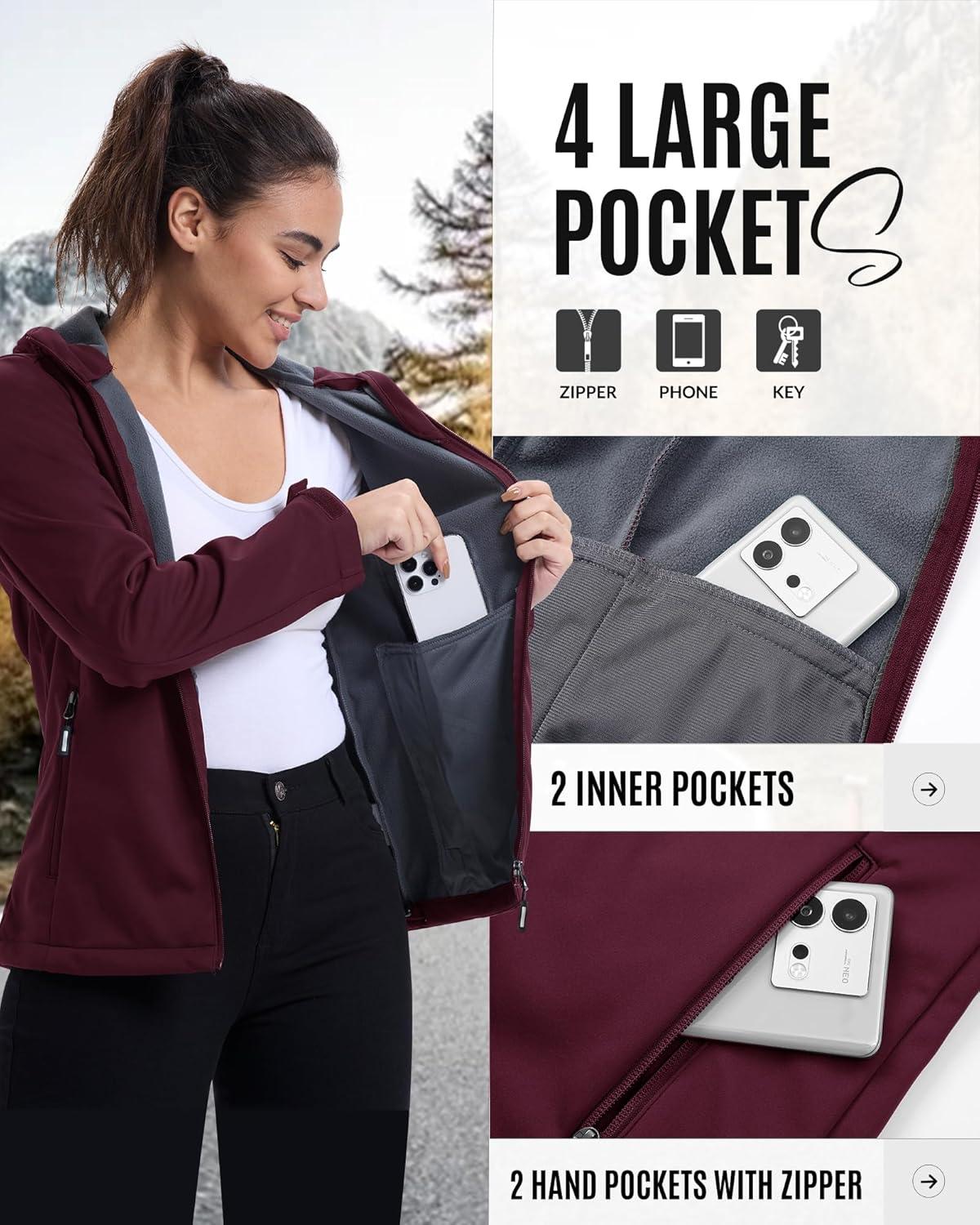 Outdoor Ventures Women’s Softshell Jacket Waterproof Warm Fleece Lined Lightweight Windproof Hooded Insulated Windbreaker(Wine Red)