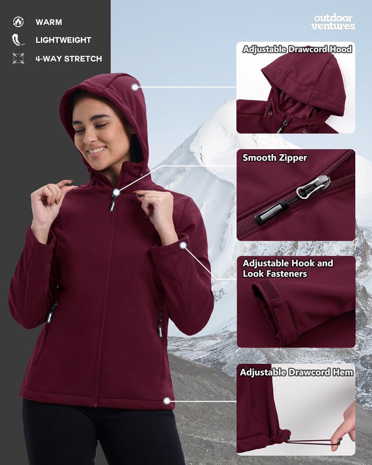 Outdoor Ventures Women’s Softshell Jacket Waterproof Warm Fleece Lined Lightweight Windproof Hooded Insulated Windbreaker(Wine Red)