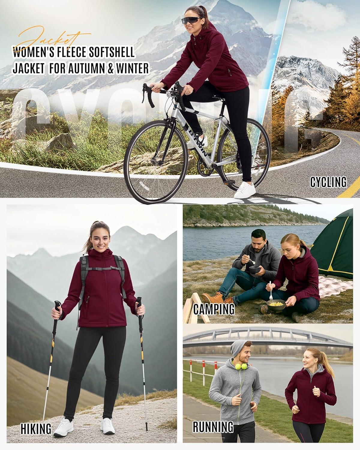 Outdoor Ventures Women’s Softshell Jacket Waterproof Warm Fleece Lined Lightweight Windproof Hooded Insulated Windbreaker(Wine Red)