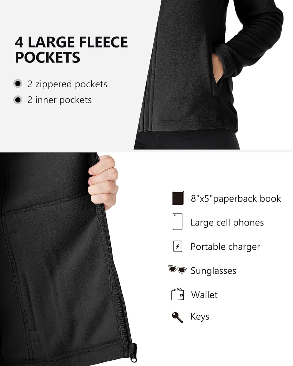 Outdoor Ventures Women’s Lightweight Warm Zip Up Long-Sleeve Soft Polar Fleece Jacket for Fall Winter(Black)