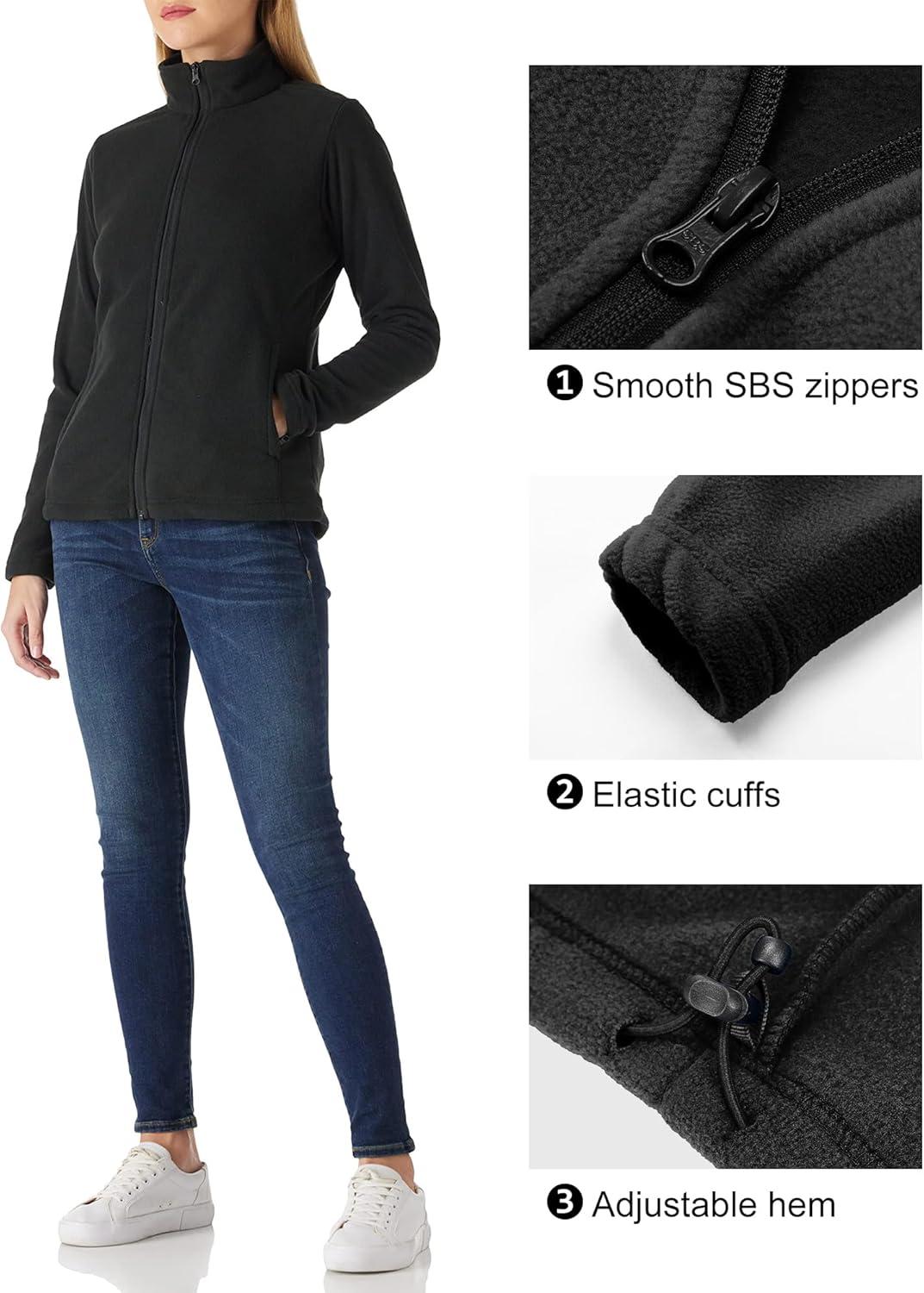 Outdoor Ventures Women’s Lightweight Warm Zip Up Long-Sleeve Soft Polar Fleece Jacket for Fall Winter(Black)