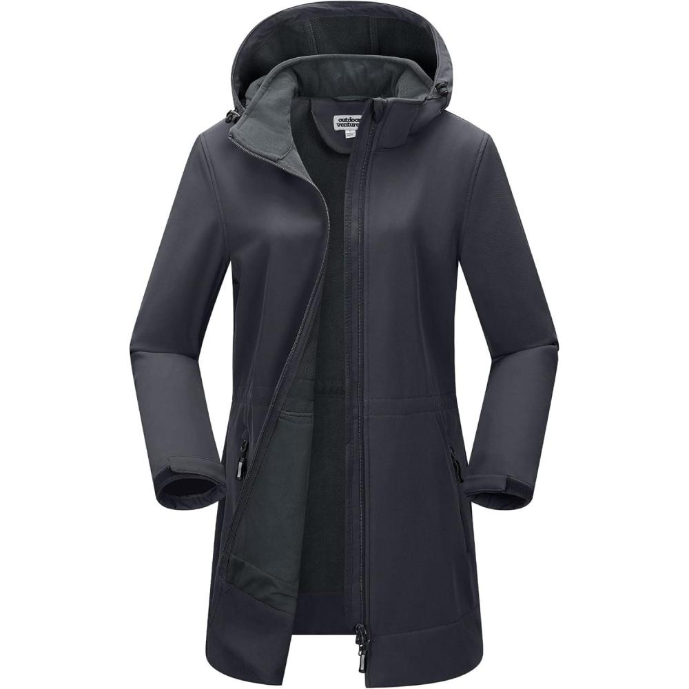 Outdoor Ventures Women’s Softshell Jacket with Removable Hood Fleece Lined Windbreaker Insulated Long Warm Rain Jacket(Grey)