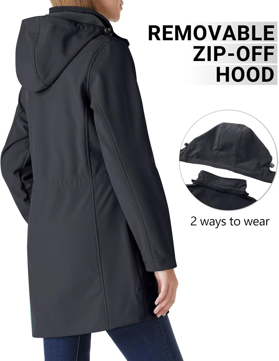 Outdoor Ventures Women’s Softshell Jacket with Removable Hood Fleece Lined Windbreaker Insulated Long Warm Rain Jacket(Grey)