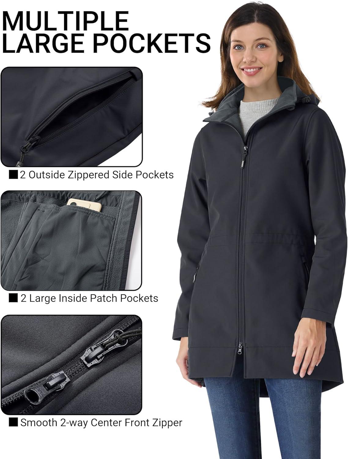 Outdoor Ventures Women’s Softshell Jacket with Removable Hood Fleece Lined Windbreaker Insulated Long Warm Rain Jacket(Grey)