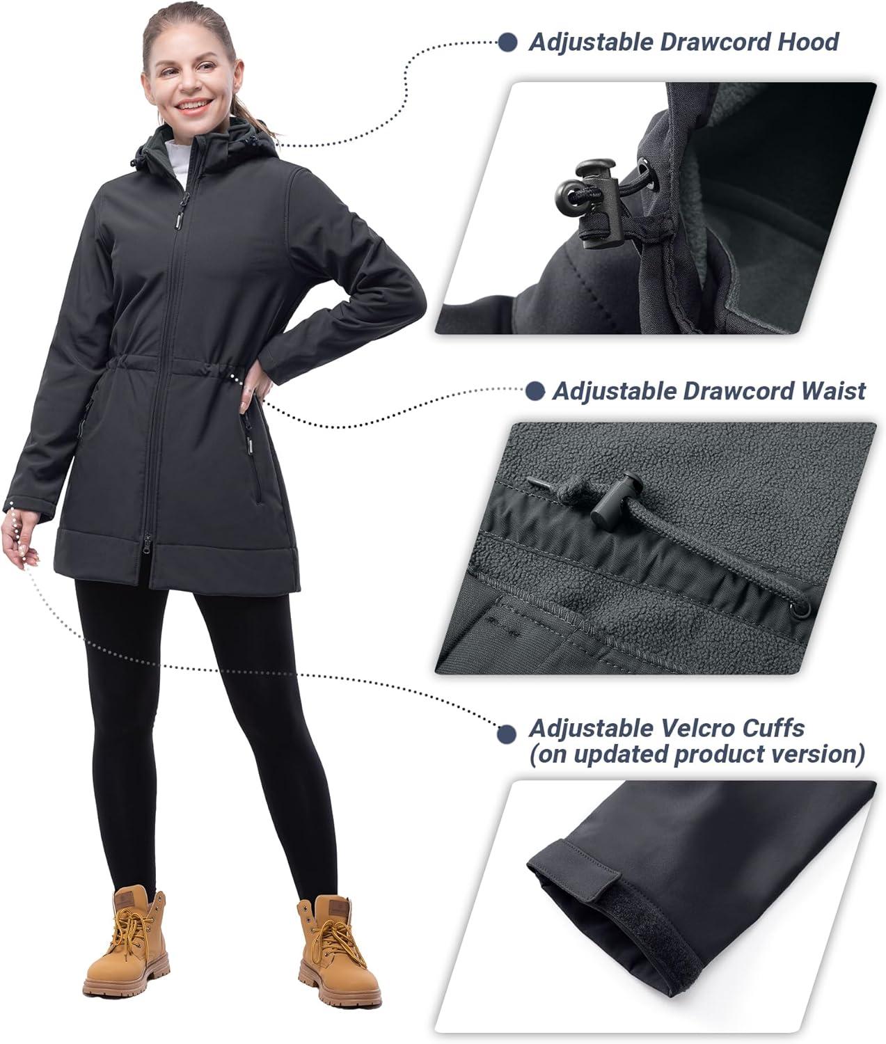Outdoor Ventures Women’s Softshell Jacket with Removable Hood Fleece Lined Windbreaker Insulated Long Warm Rain Jacket(Grey)