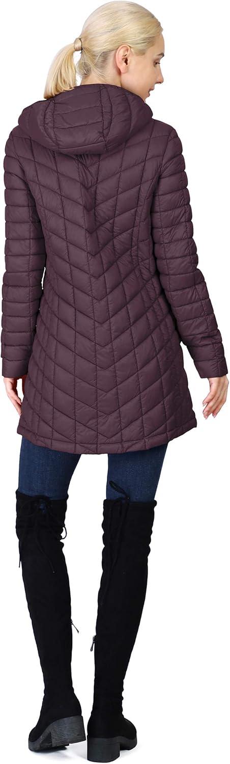 Outdoor Ventures Women’s Maryan Hooded Ultra Lightweight Warm Thermolite Long Puffer Coat(Purple(matte)-avg.32″ Mid Length)