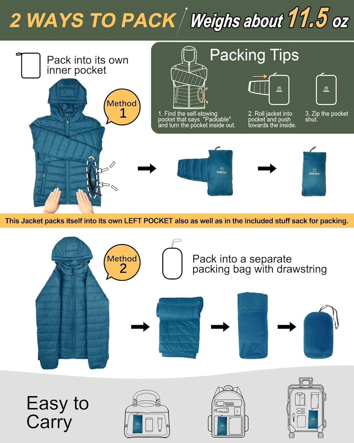 Outdoor Ventures Women’s Packable Lightweight Full-Zip Puffer Jacket with Hood Quilted Winter Coat(Modern Blue(fold in Pocket))