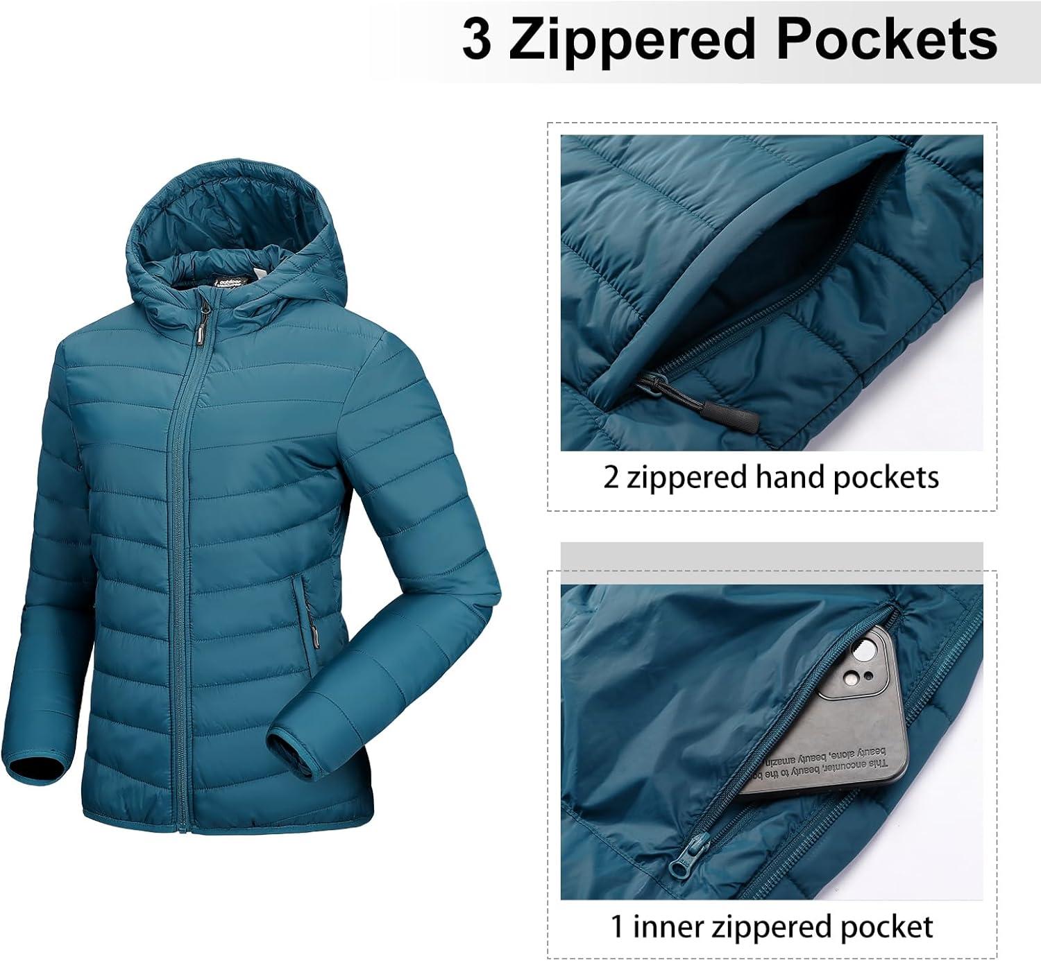 Outdoor Ventures Women’s Packable Lightweight Full-Zip Puffer Jacket with Hood Quilted Winter Coat(Modern Blue(fold in Pocket))