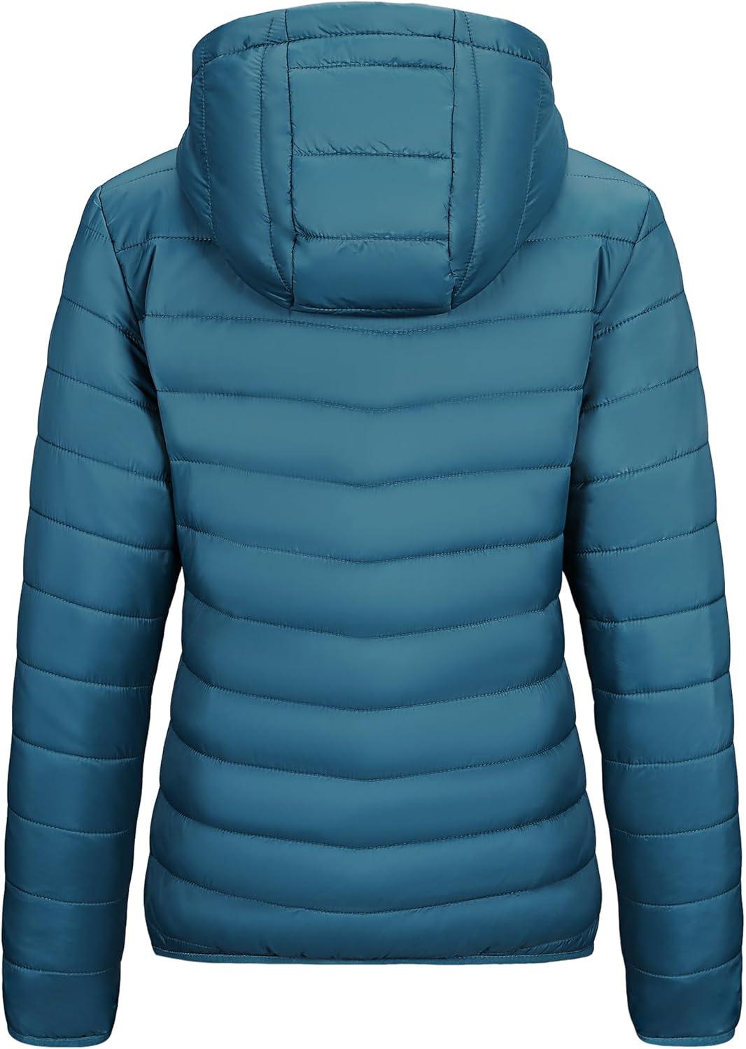 Outdoor Ventures Women’s Packable Lightweight Full-Zip Puffer Jacket with Hood Quilted Winter Coat(Modern Blue(fold in Pocket))