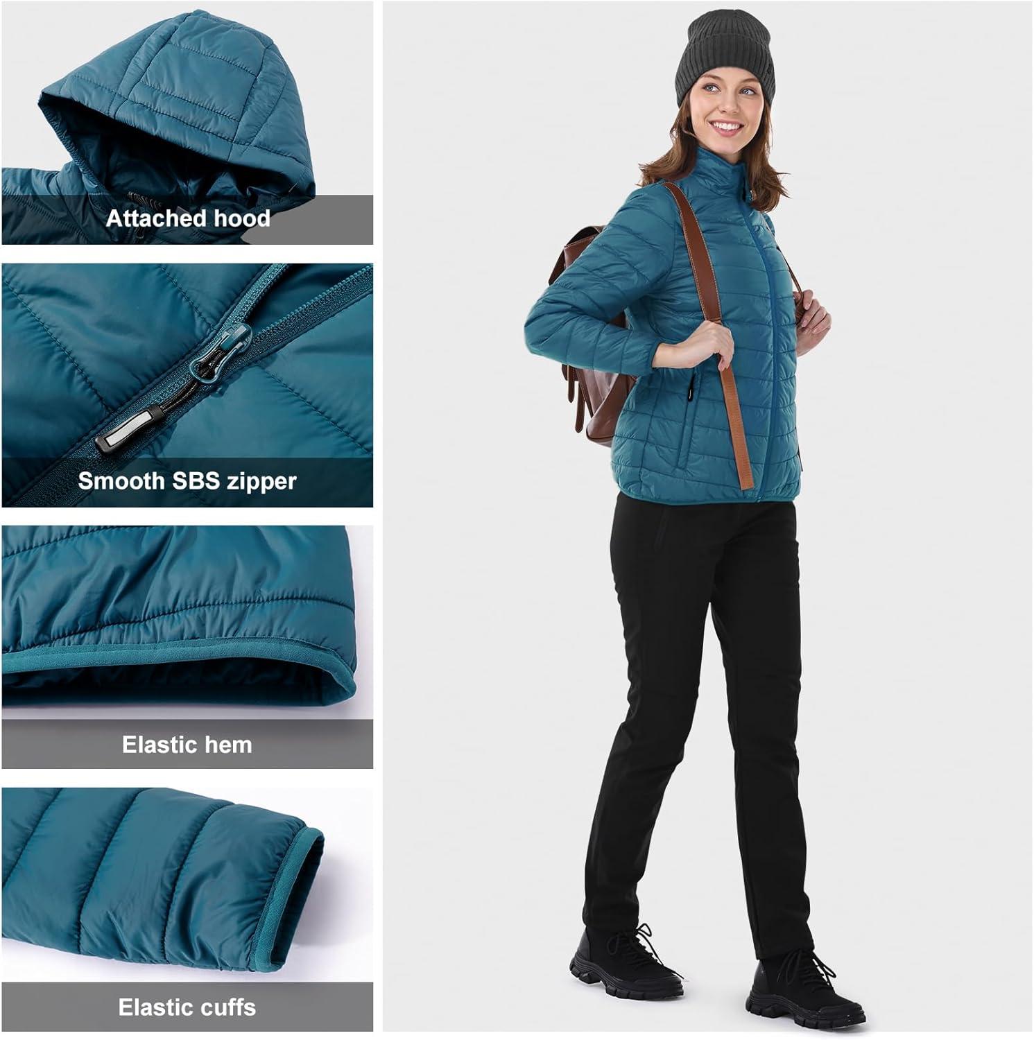 Outdoor Ventures Women’s Packable Lightweight Full-Zip Puffer Jacket with Hood Quilted Winter Coat(Modern Blue(fold in Pocket))