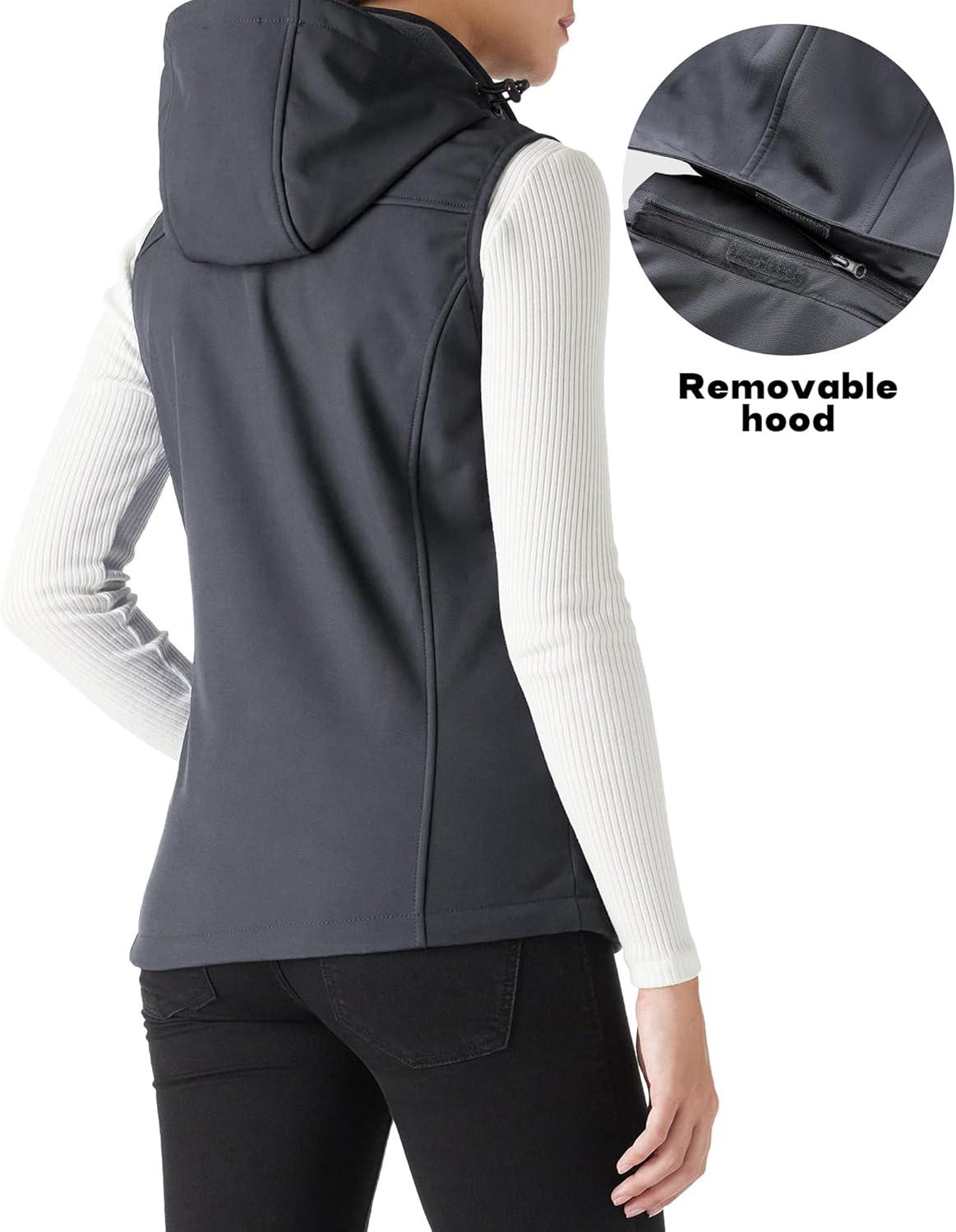 Outdoor Ventures Women’s Hooded Lightweight Softshell Vest, Windproof Fleece Lined Sleeveless Jacket for Golf Running Travel(Grey)