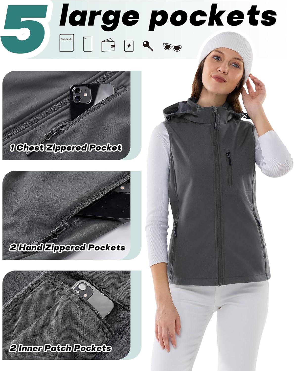 Outdoor Ventures Women’s Hooded Lightweight Softshell Vest, Windproof Fleece Lined Sleeveless Jacket for Golf Running Travel(Grey)