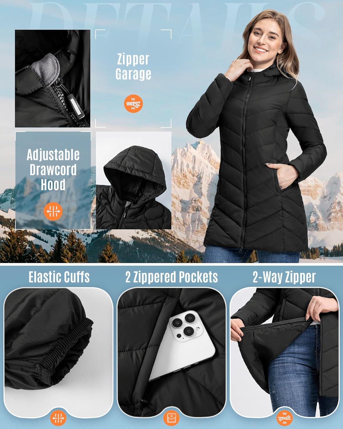 Outdoor Ventures Women’s Long Hooded Lightweight Puffer Coat Quilted Insulated Winter Jacket(Black)