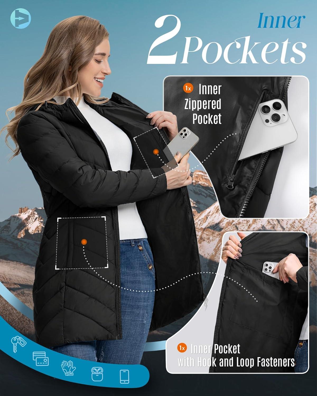 Outdoor Ventures Women’s Long Hooded Lightweight Puffer Coat Quilted Insulated Winter Jacket(Black)