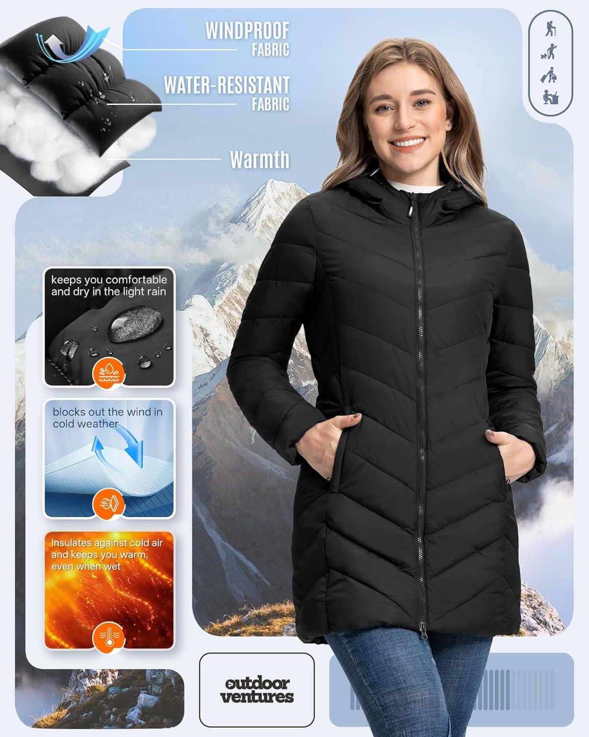Outdoor Ventures Women’s Long Hooded Lightweight Puffer Coat Quilted Insulated Winter Jacket(Black)