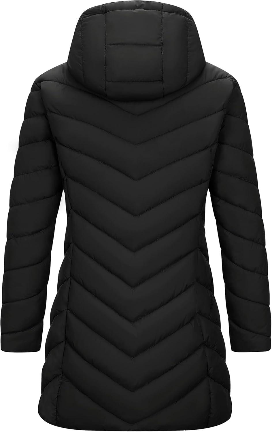 Outdoor Ventures Women’s Long Hooded Lightweight Puffer Coat Quilted Insulated Winter Jacket(Black)