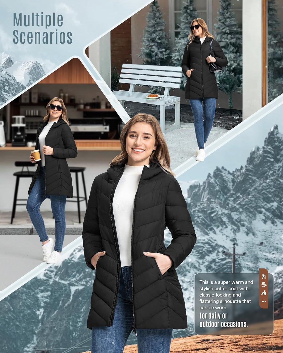 Outdoor Ventures Women’s Long Hooded Lightweight Puffer Coat Quilted Insulated Winter Jacket(Black)
