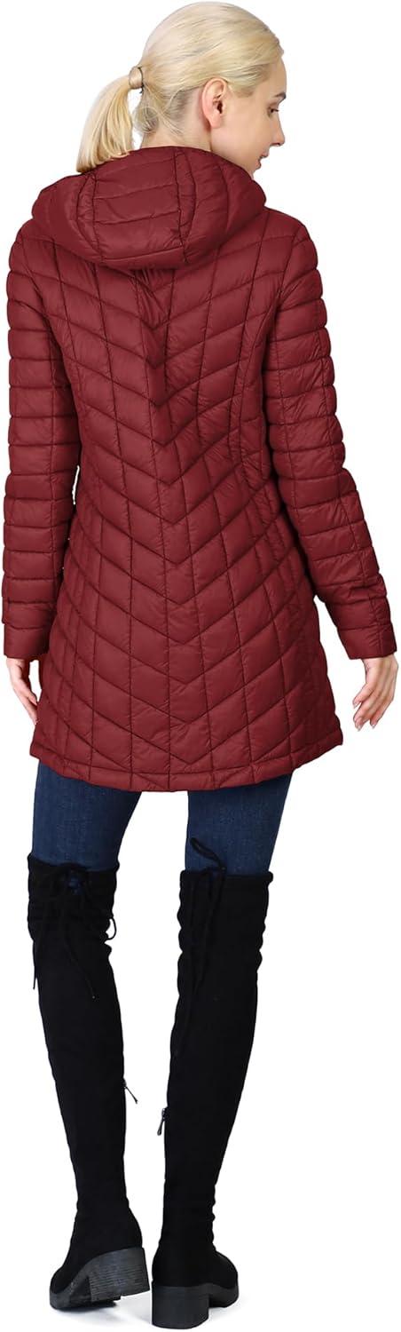 Outdoor Ventures Women’s Maryan Hooded Ultra Lightweight Warm Thermolite Long Puffer Coat(Burgundy(matte)-avg.32″ Mid Length)